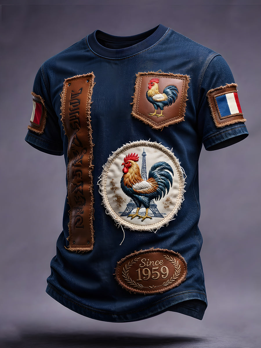 T-shirt décontracté avec impression d'art animalier rétro français
