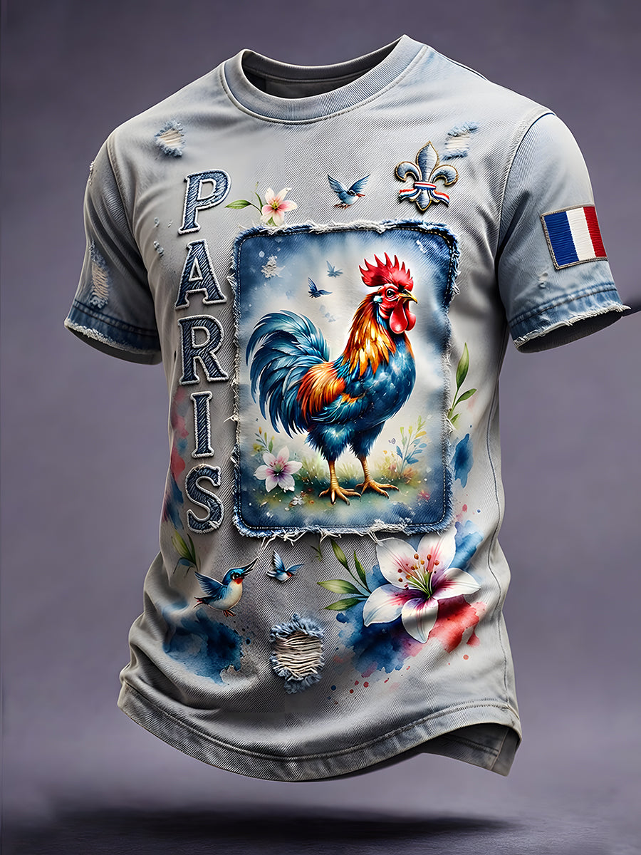 T-shirt décontracté avec impression d'art animalier rétro français