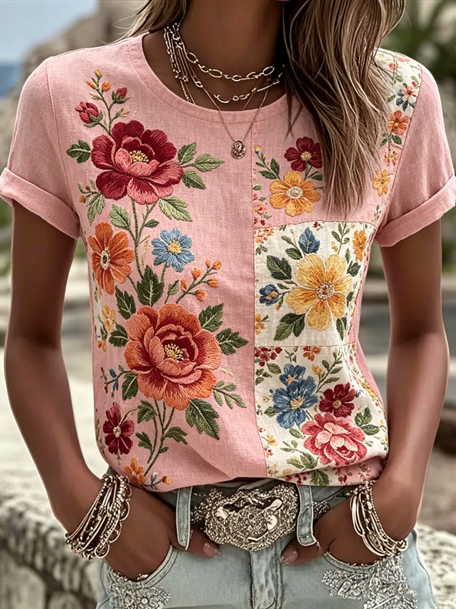 T-shirt Femme Imprimé Floral en lin à manches courtes
