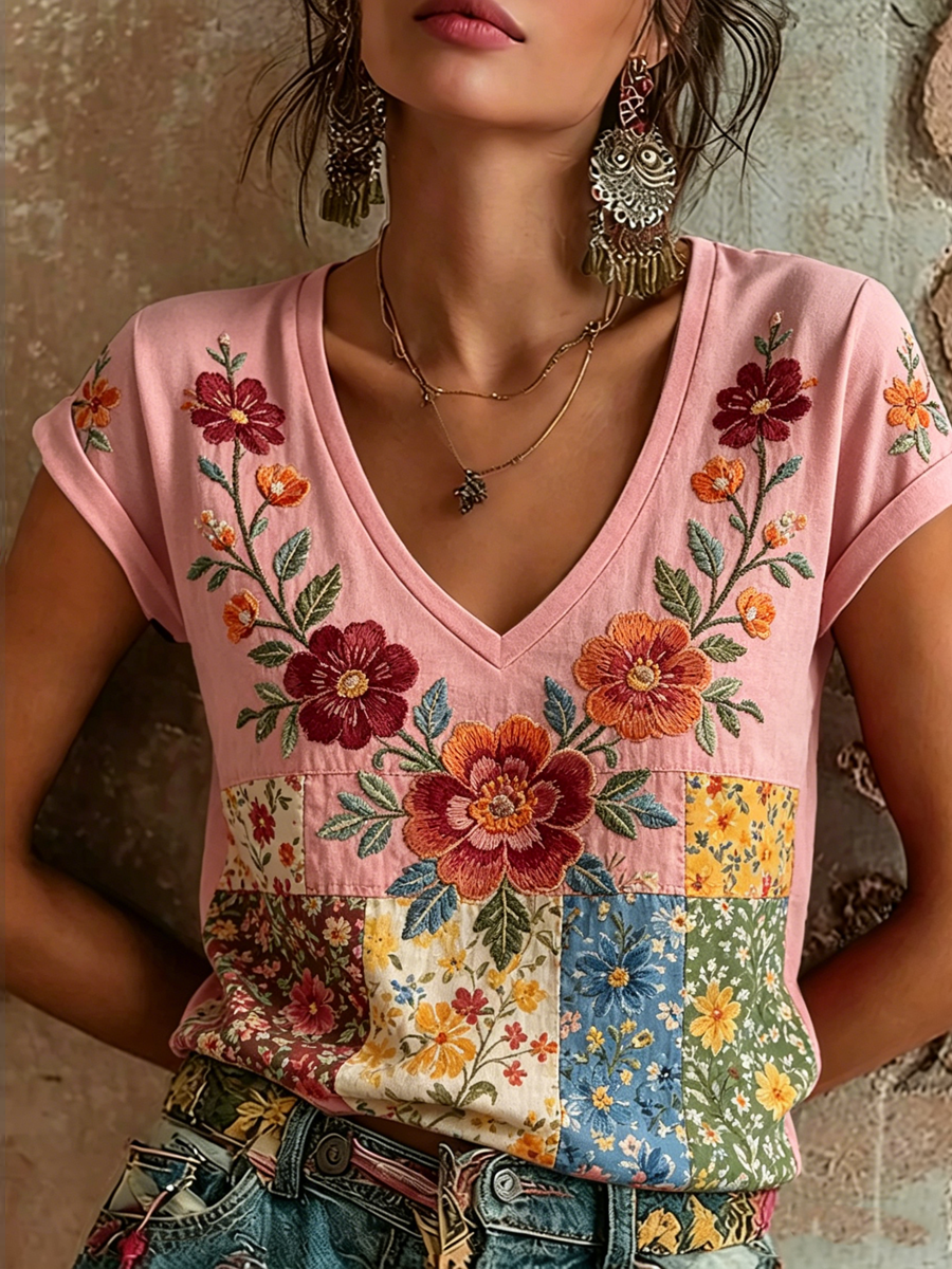 T-shirt femme en lin à manches courtes avec imprimé floral