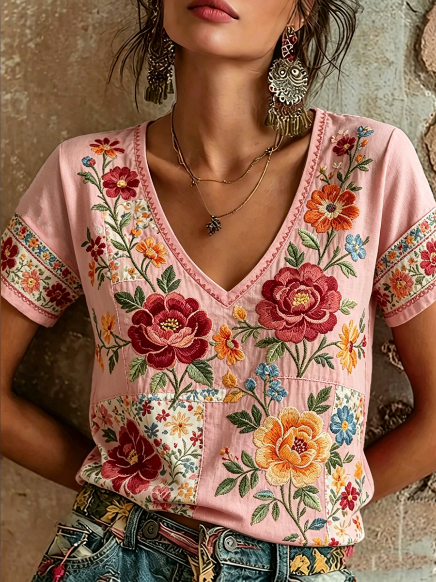 T-shirt femme en lin à manches courtes avec imprimé floral