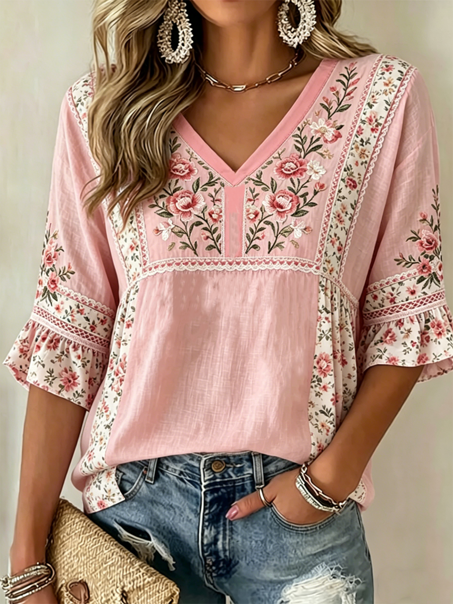 T-shirt à manches mi-longues à imprimé floral pour femmes