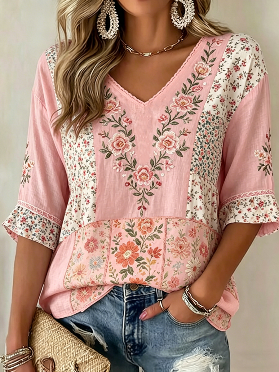 T-shirt femme à manches mi-longues, col en V, imprimé floral