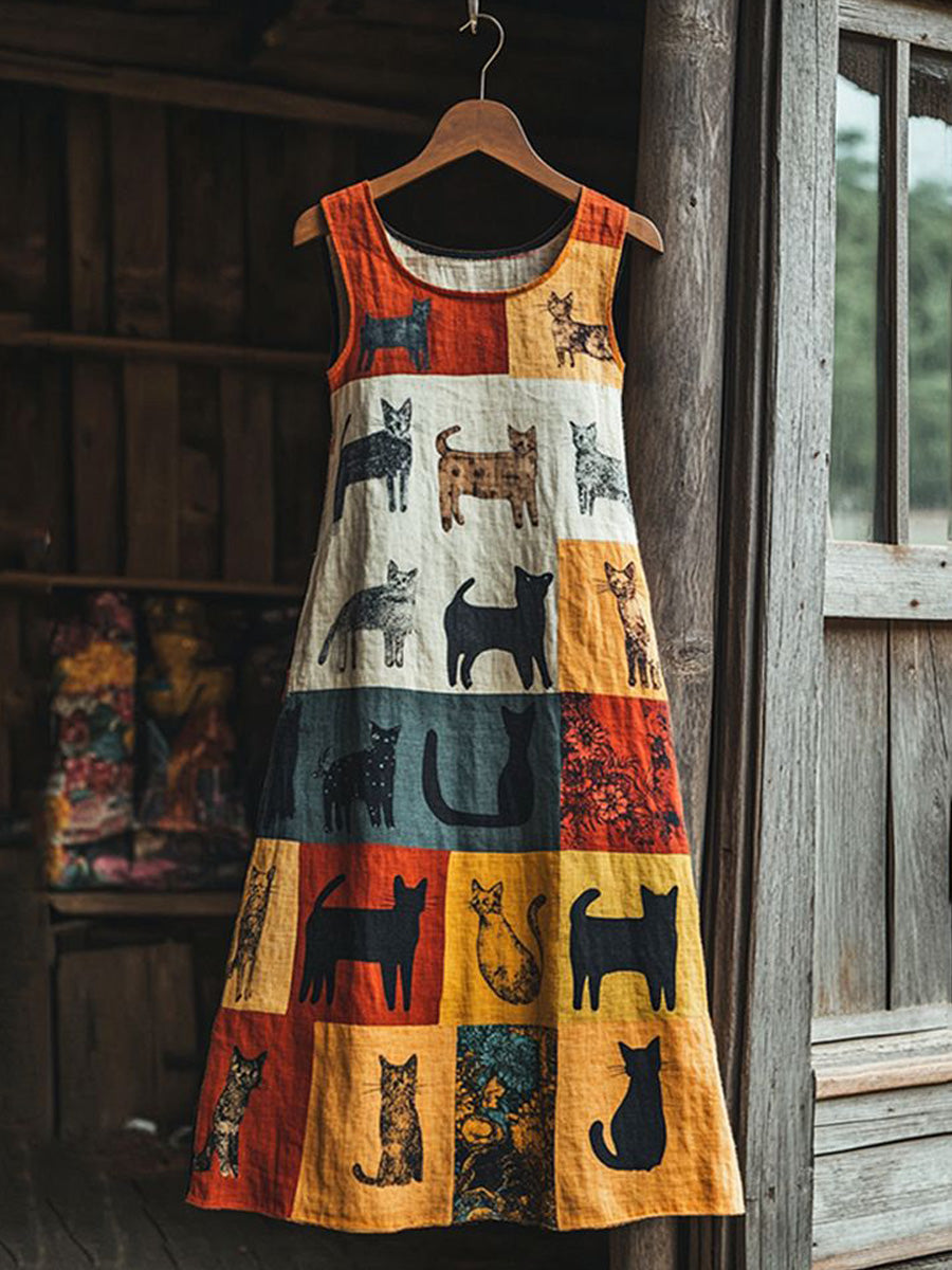 Robe mi-longue rétro fleurie à motifs animaux, sans manches, pour femme