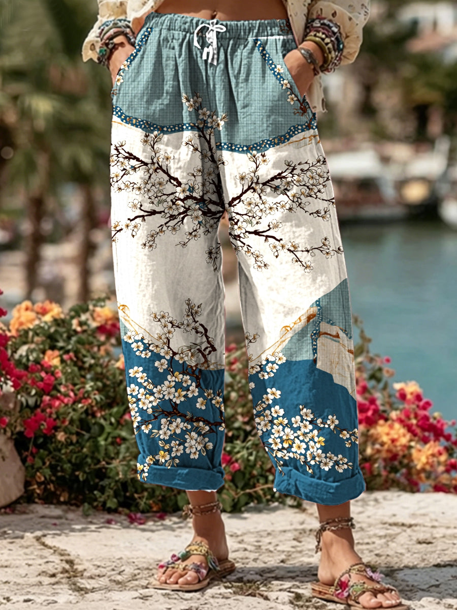 Pantalon décontracté pour femme en mélange de lin à imprimé floral