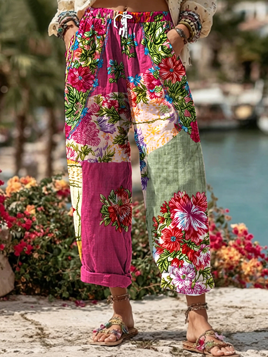 Pantalon décontracté pour femme, style bohème, en mélange de lin, avec broderie florale et contraste de couleurs