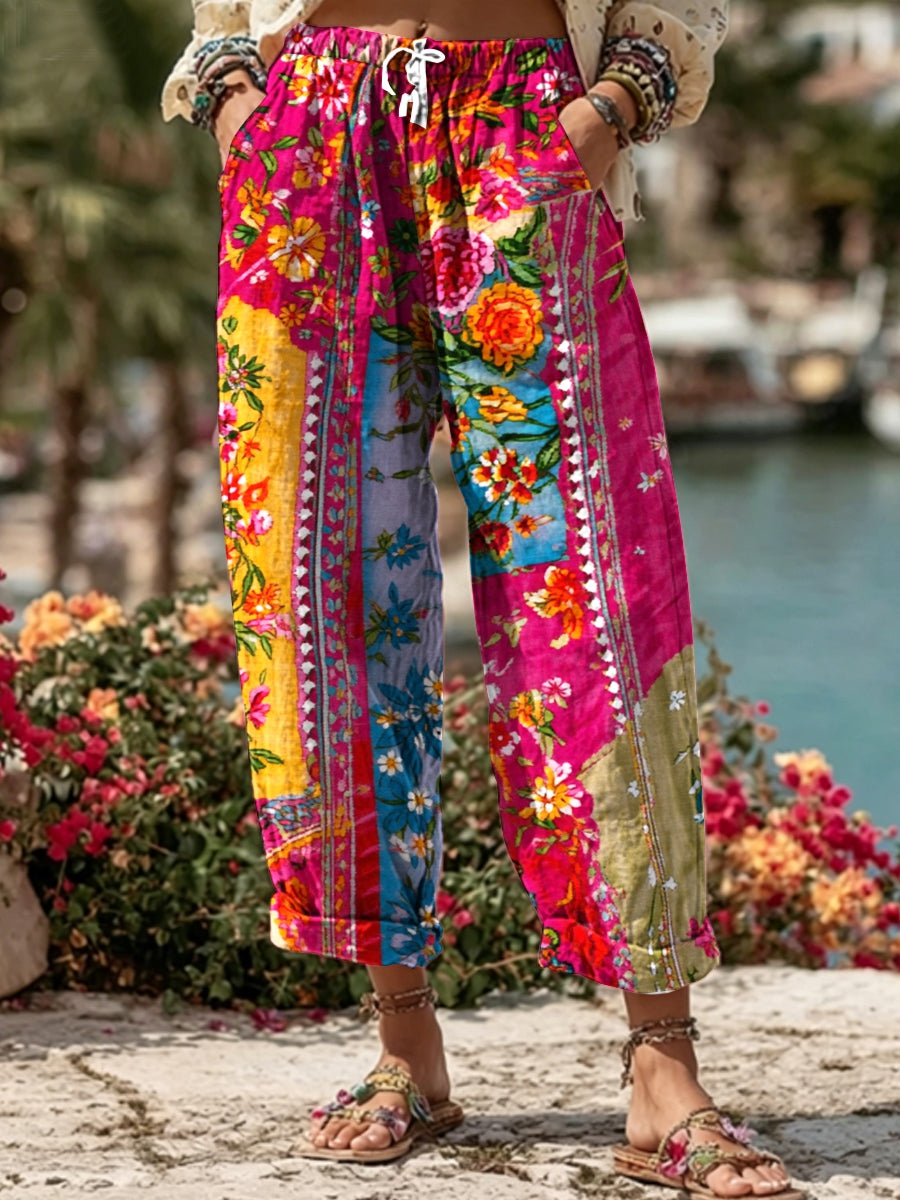 Pantalon décontracté pour femme, style bohème, en mélange de lin, avec broderie florale et contraste de couleurs