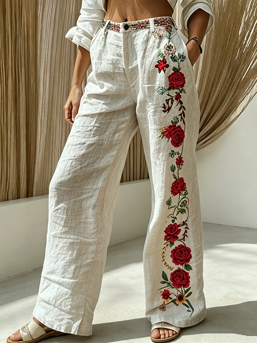 Pantalon évasé très extensible et confortable pour femme, à imprimé floral