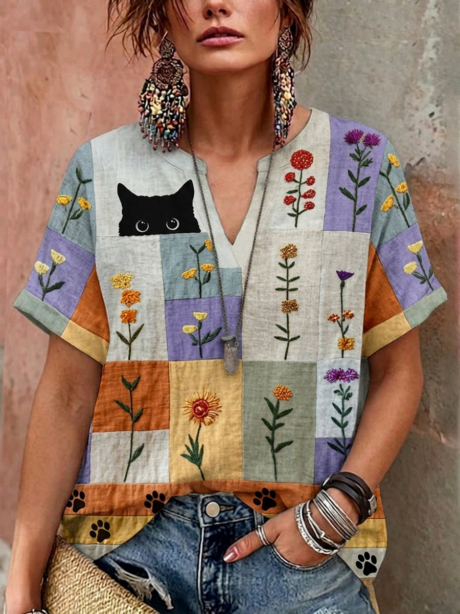 Chemise à col en V à imprimé floral rétro pour femmes