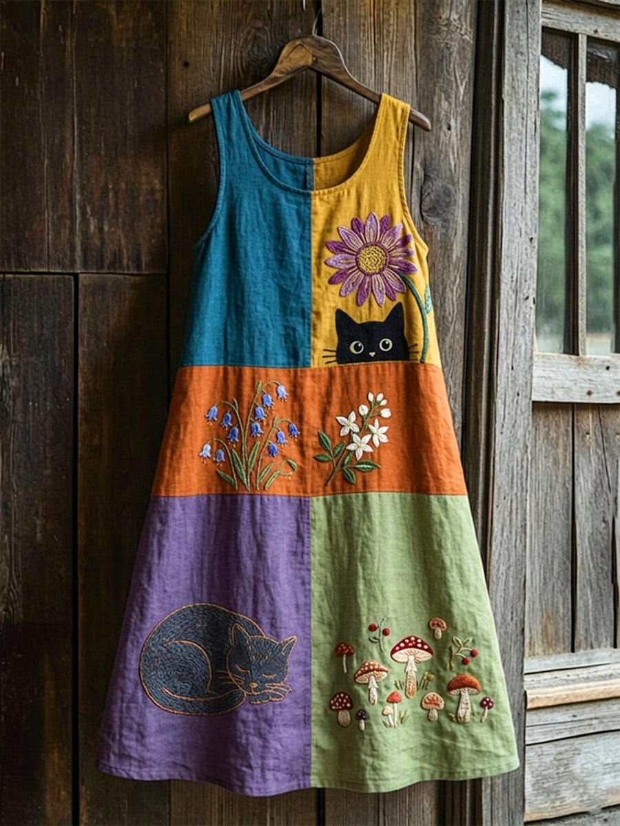 Robe mi-longue rétro fleurie à motifs animaux, sans manches, pour femme
