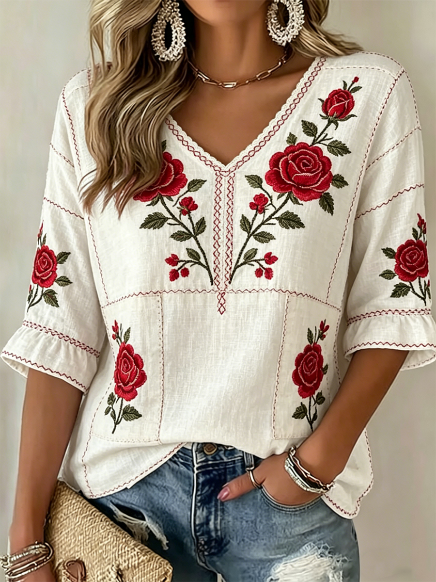 Chemise à col en V à imprimé floral pour femmes