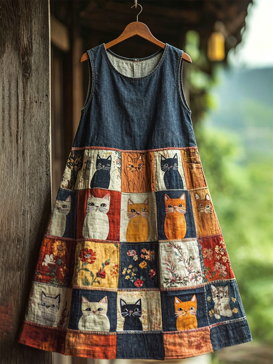 Robe mi-longue sans manches à imprimé floral rétro pour femmes