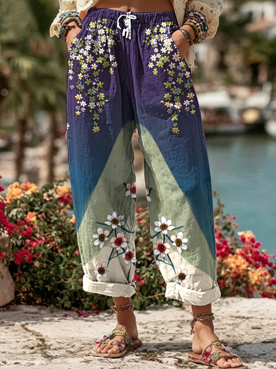 Pantalon décontracté pour femme en mélange de lin à imprimé floral