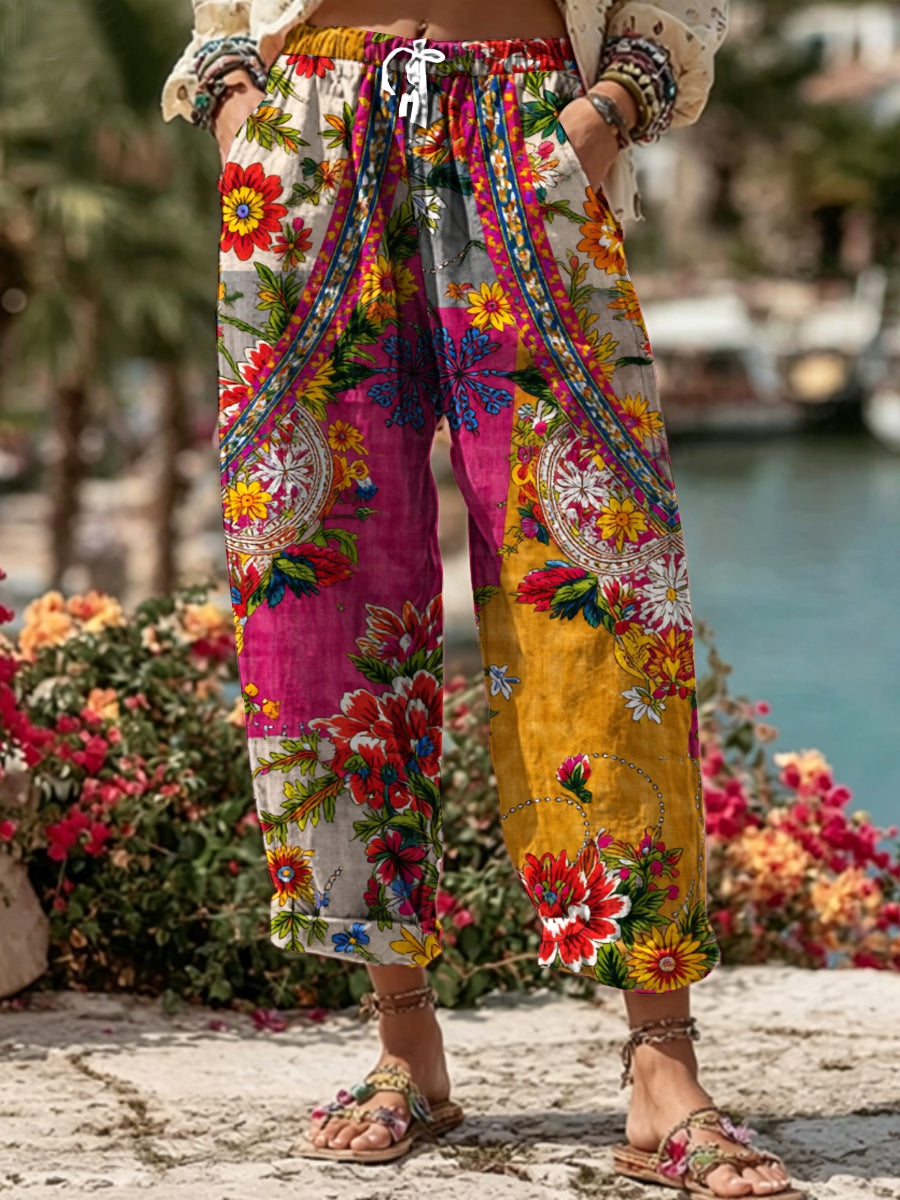 Pantalon décontracté pour femme, style bohème, en mélange de lin, avec broderie florale et contraste de couleurs