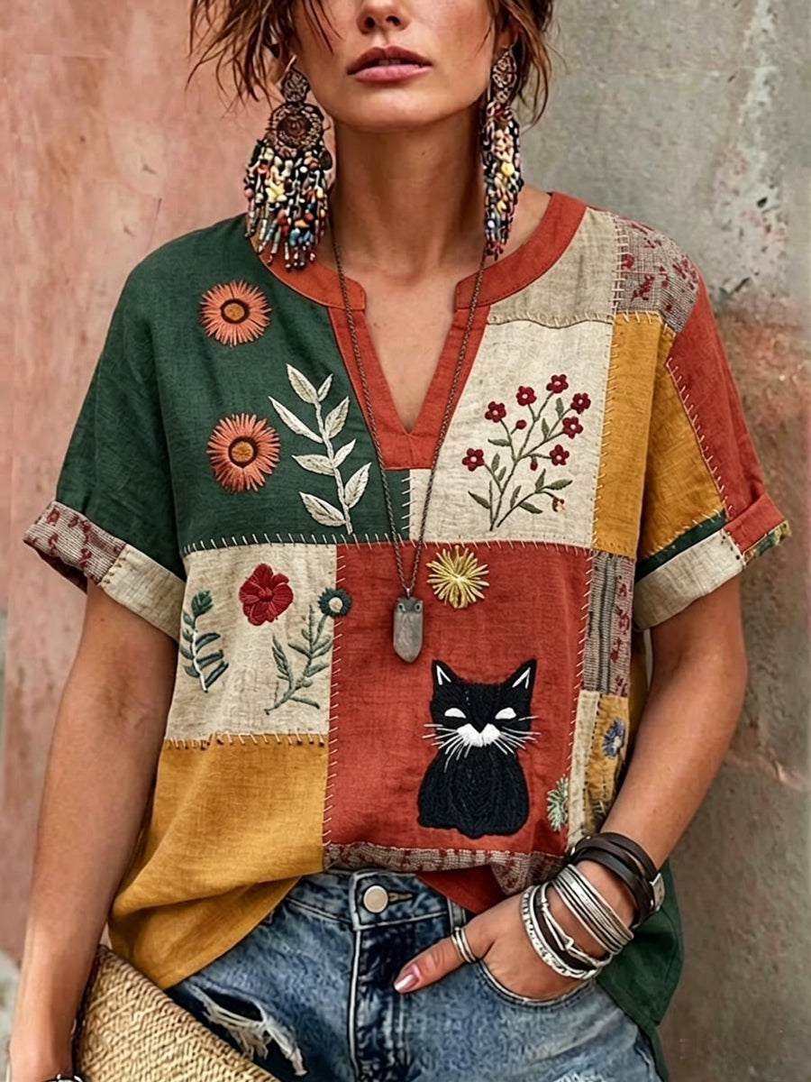 Chemise décontractée à col en V pour femmes, style rétro avec imprimé floral et motifs de chats