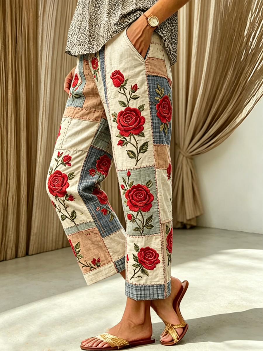 Pantalon neuf minutes femme imprimé fleuri en coton et lin