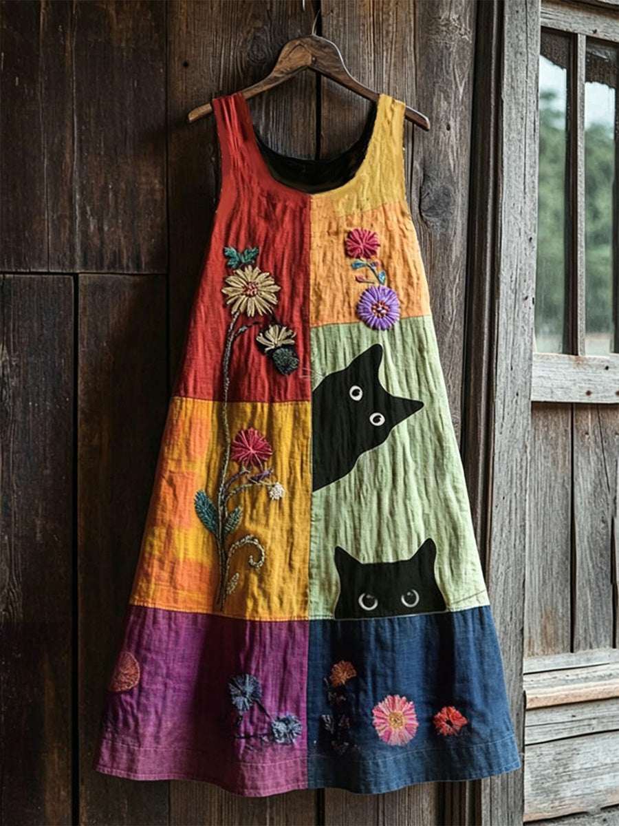 Robe mi-longue rétro fleurie à motifs animaux, sans manches, pour femme