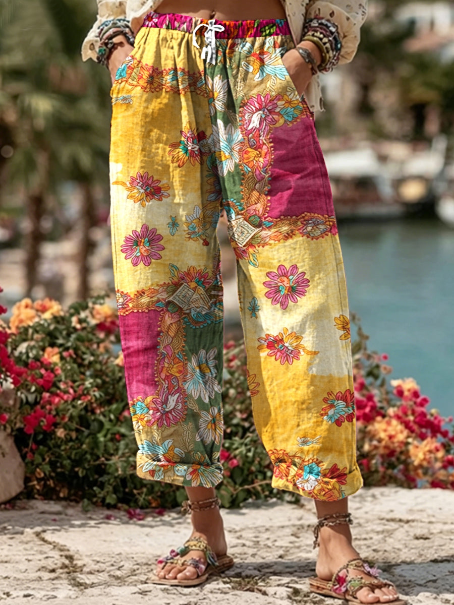 Pantalon décontracté pour femme, style bohème, en mélange de lin, avec broderie florale et contraste de couleurs