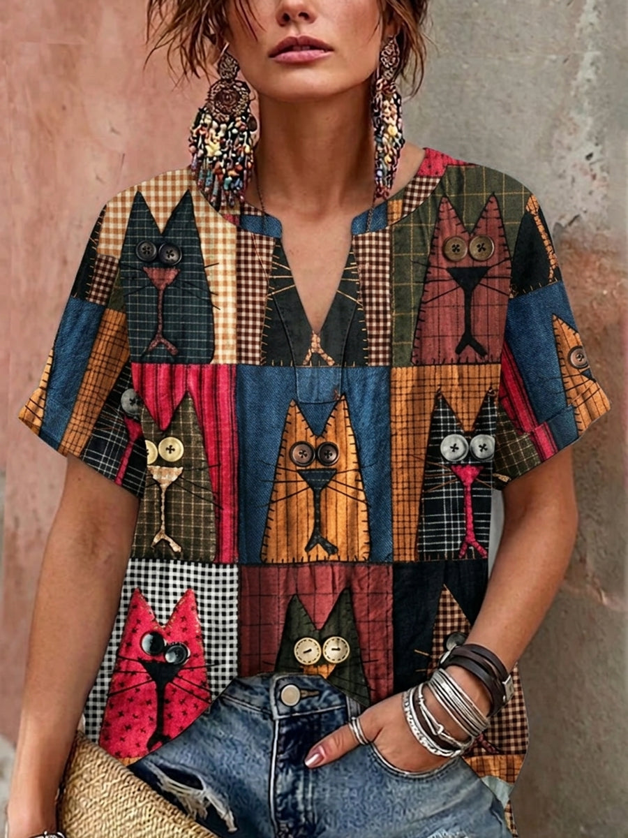 Chemise à col en V à imprimé chats rétro pour femmes