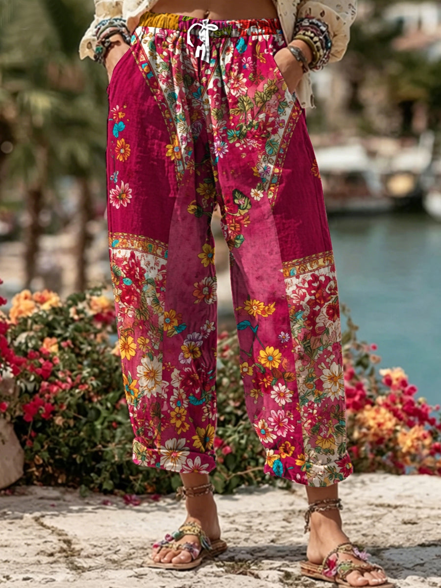 Pantalon décontracté pour femme, style bohème, en mélange de lin, avec broderie florale et contraste de couleurs