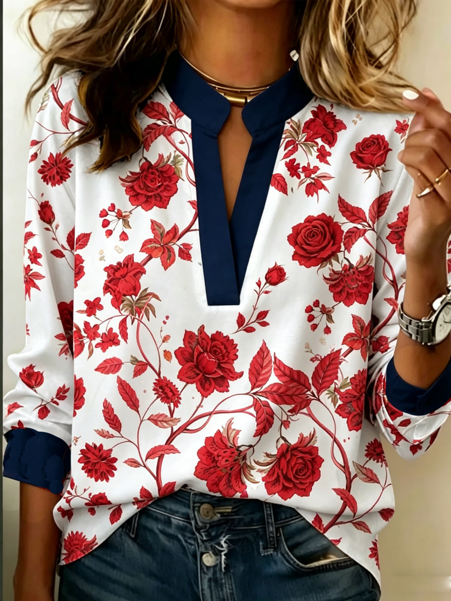 Chemise à manches longues en lin à imprimé floral pour femmes