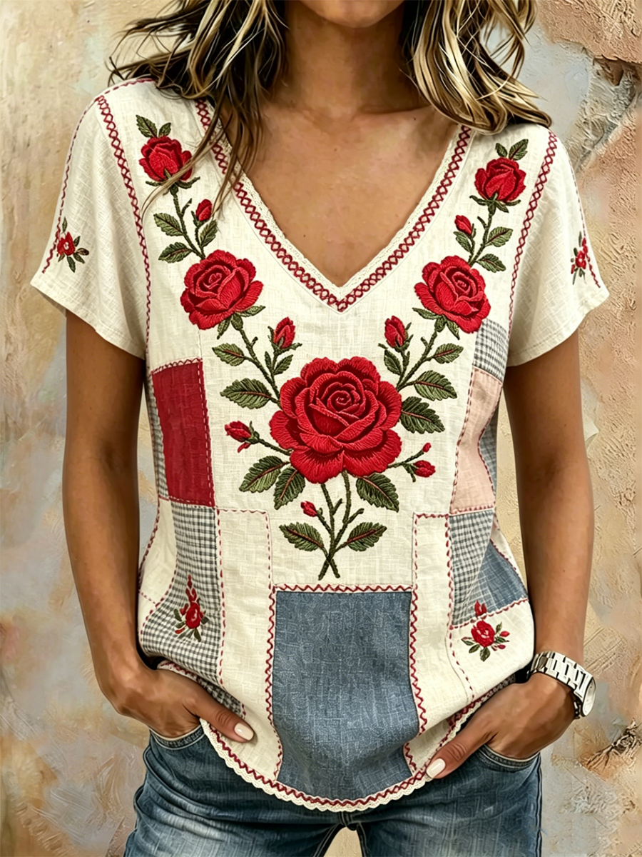 T-shirt femme en lin à manches courtes avec imprimé floral