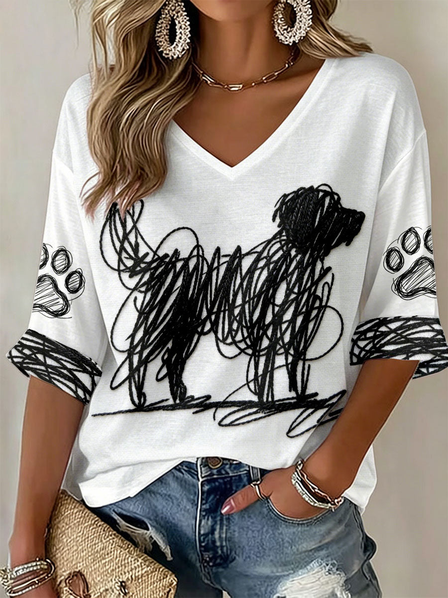 T-shirts à col en V avec impression d'art canin pour femmes