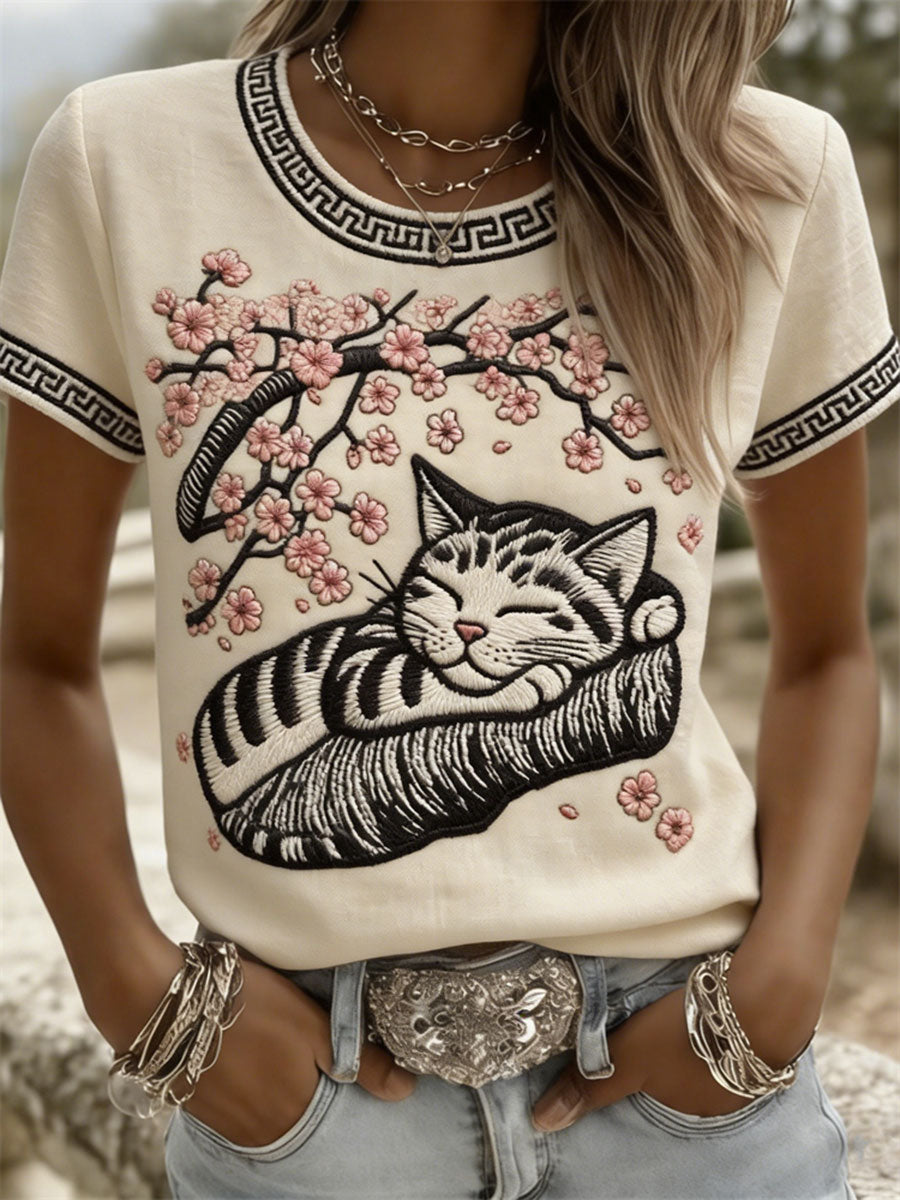 T-shirts décontractés à manches courtes pour femmes, motif chat