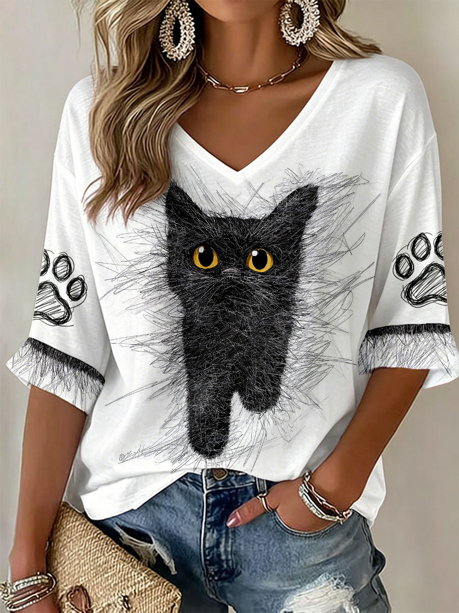 T-shirts à col en V avec impression d'art félin pour femmes
