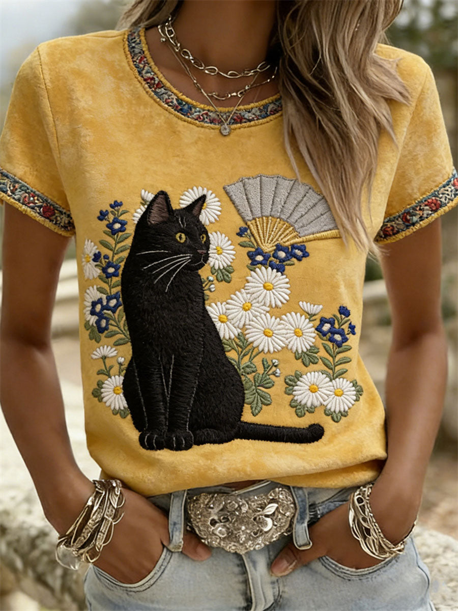 T-shirts décontractés à manches courtes pour femmes, motif chat