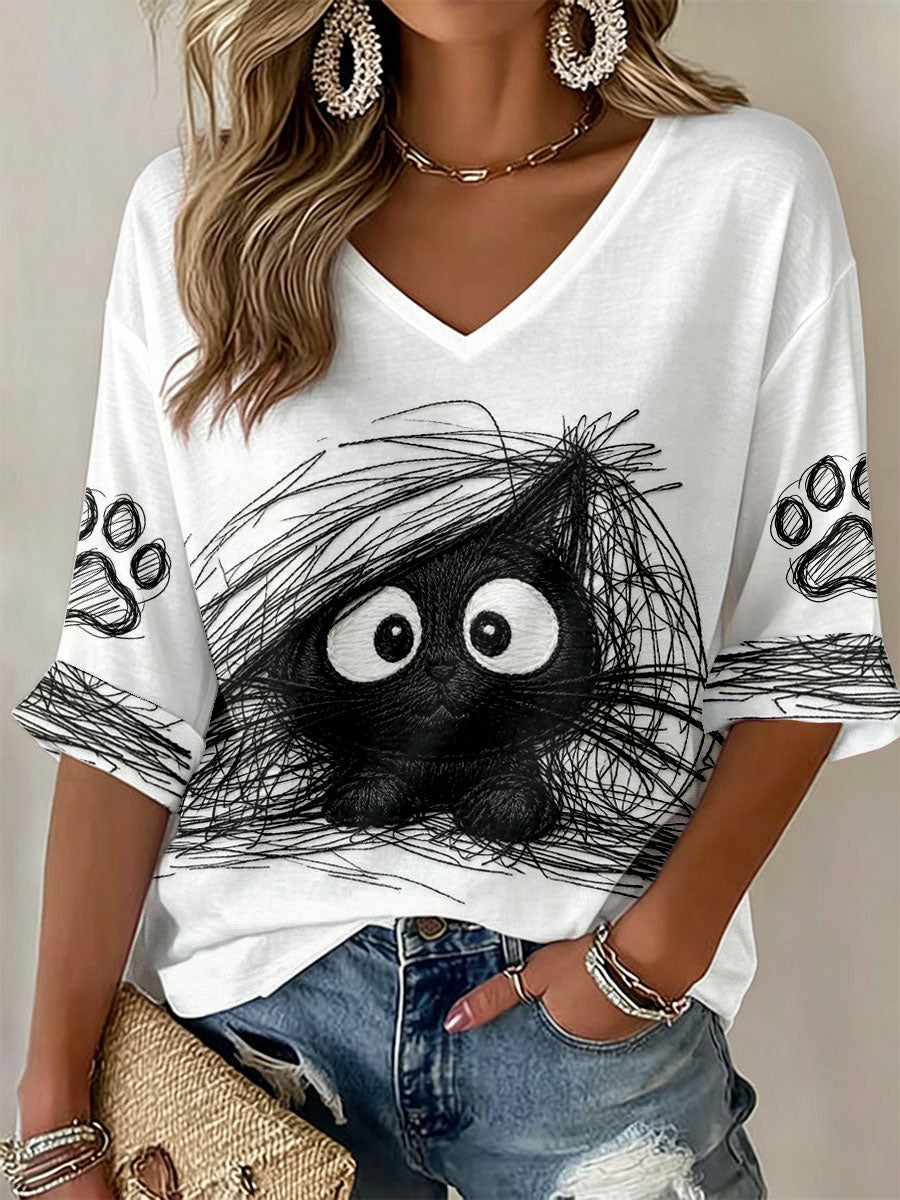 T-shirts à col en V avec impression d'art félin pour femmes