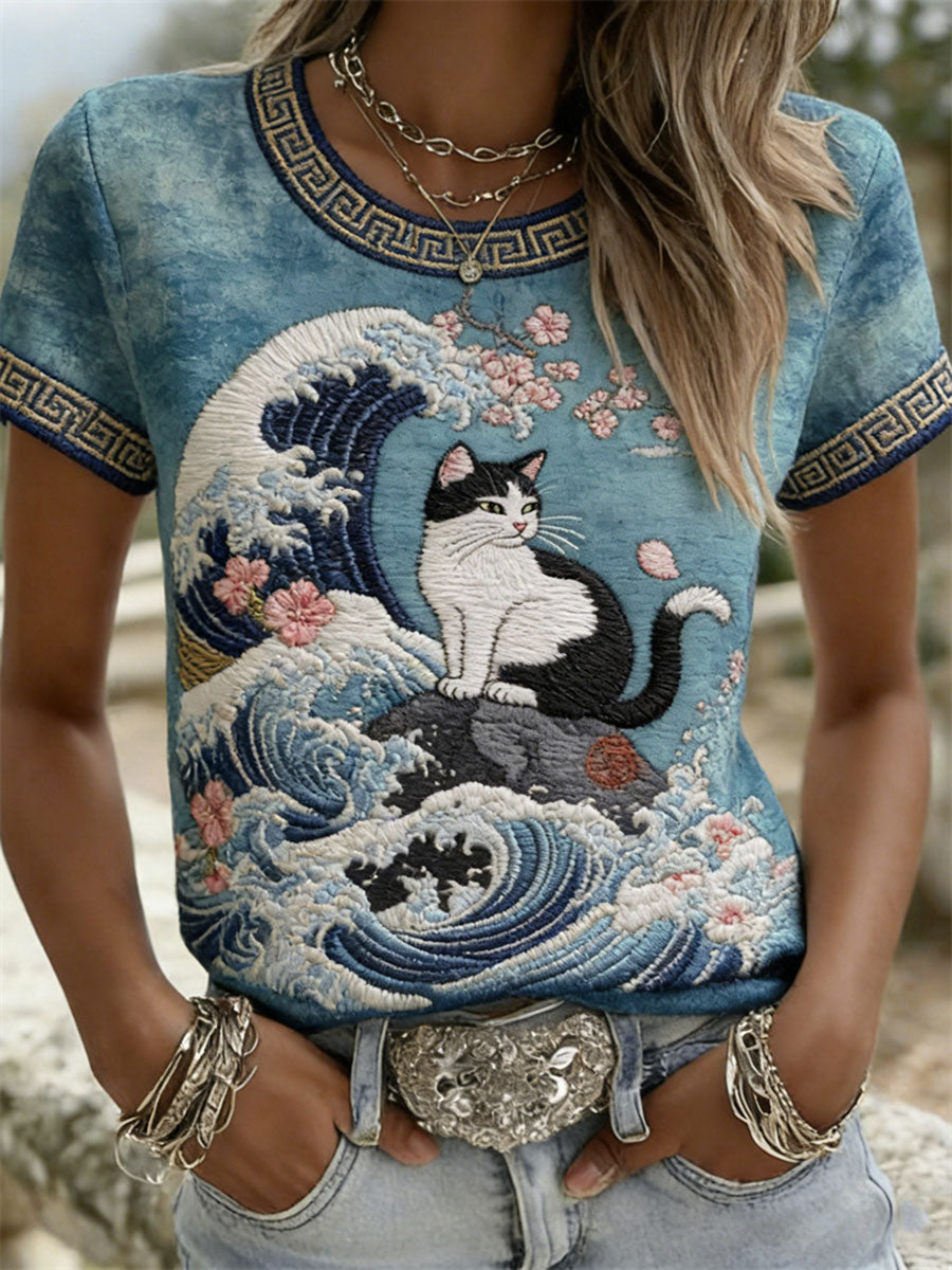 T-shirts décontractés à manches courtes pour femmes, motif chat