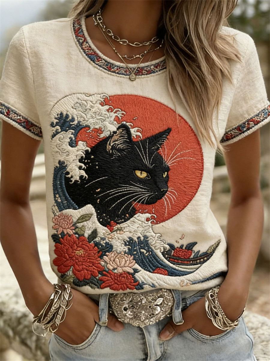 T-shirts décontractés à manches courtes pour femmes, motif chat