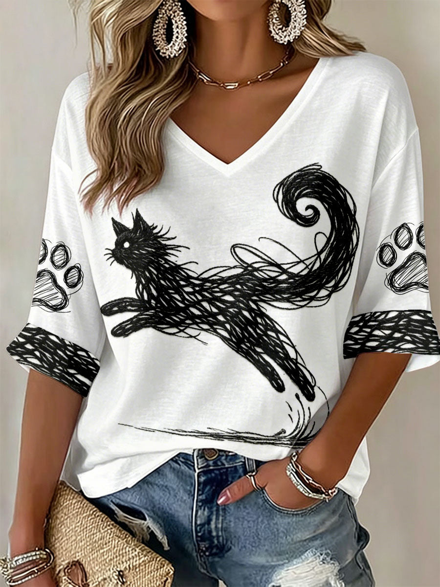 T-shirts à col en V avec impression d'art félin pour femmes