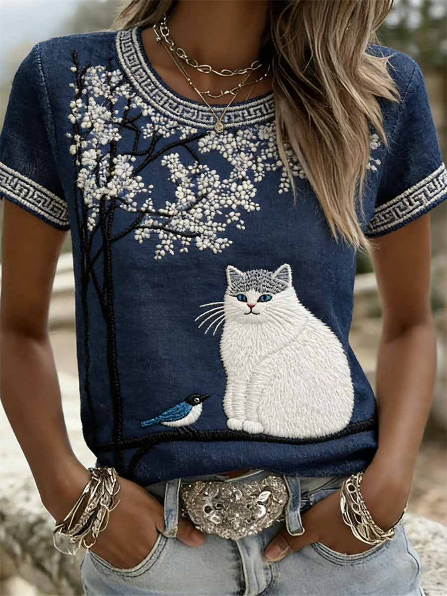 T-shirts décontractés à manches courtes pour femmes, motif chat