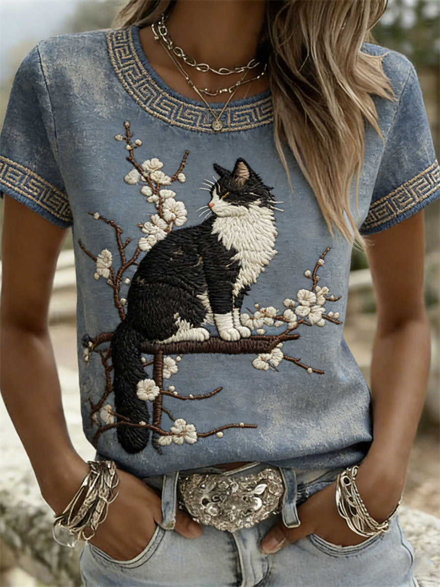 T-shirts décontractés à manches courtes pour femmes, motif chat