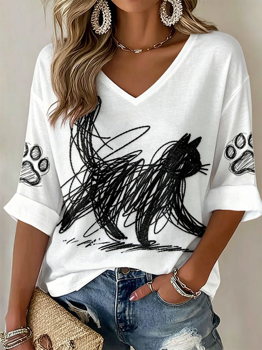T-shirts à col en V avec impression d'art félin pour femmes