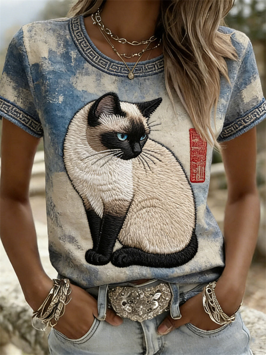 T-shirts décontractés à manches courtes pour femmes, motif chat