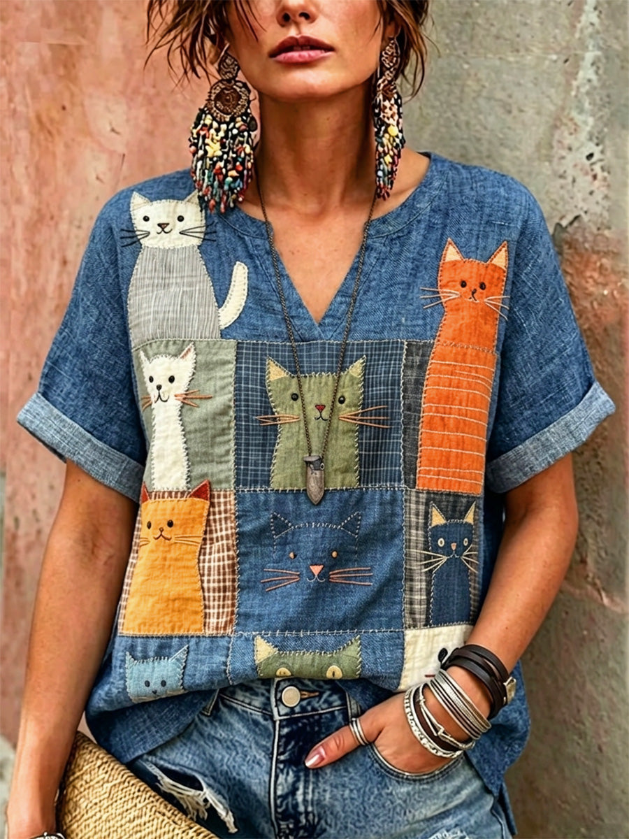 Chemise décontractée rétro à imprimé chats pour femmes