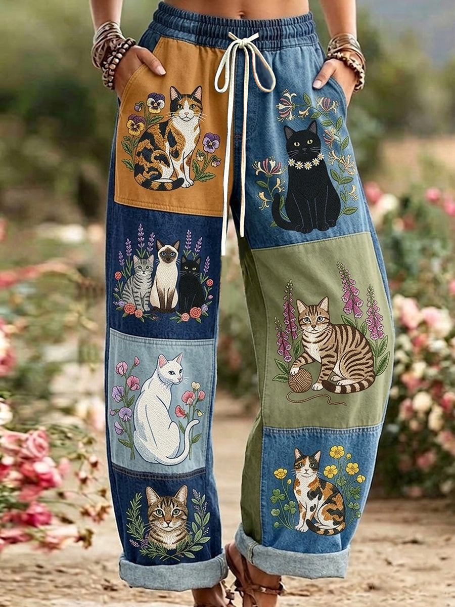 Pantalon décontracté à imprimé floral rétro pour femmes