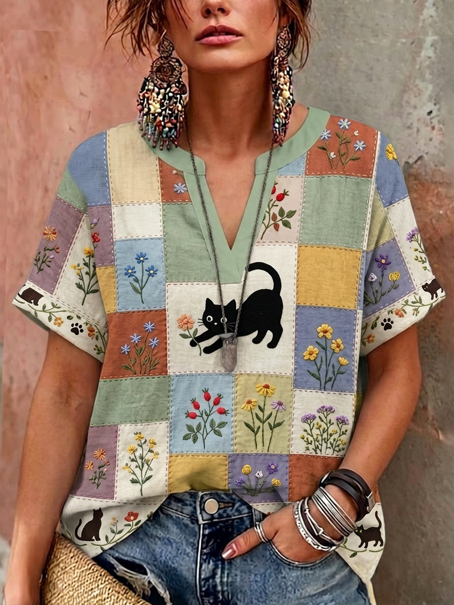 Chemise décontractée à col en V pour femmes, style rétro avec imprimé floral et motifs de chats