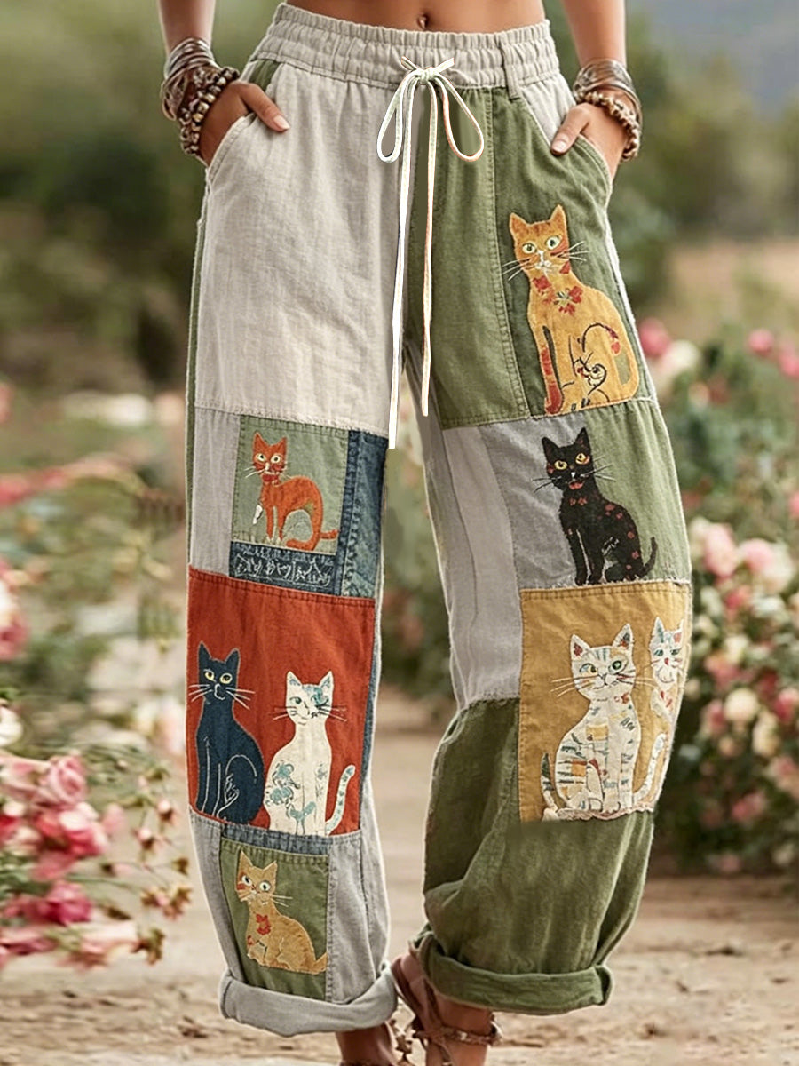 Pantalon décontracté rétro à imprimé chat pour femmes