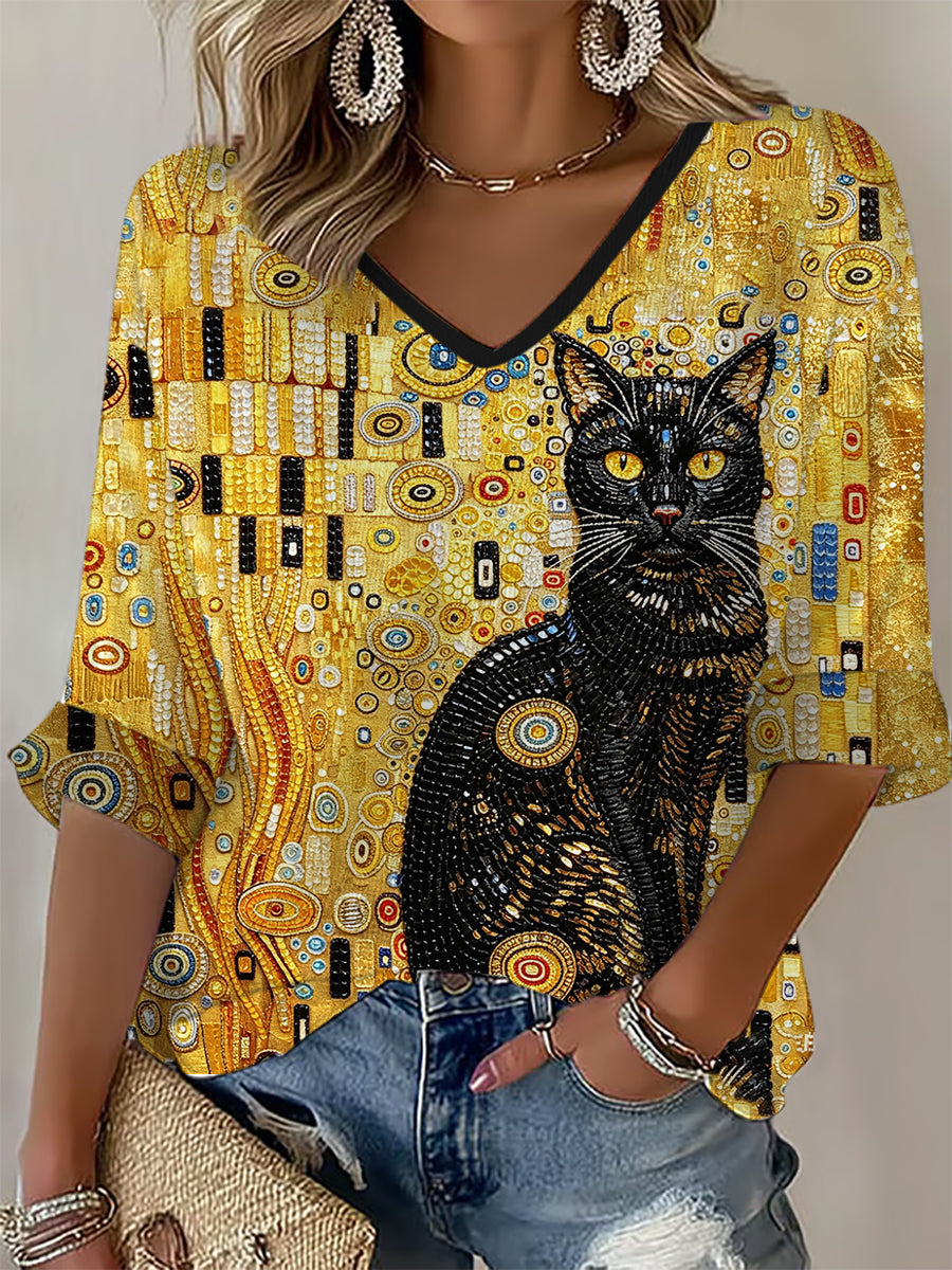 T-shirt en gaufre pour femmes, motif chat noir scintillant