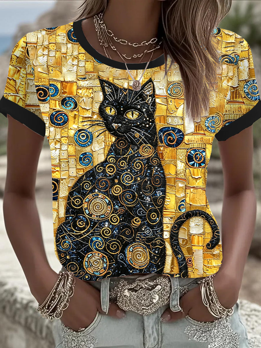 T-shirt à manches courtes art chat noir pailleté pour femme