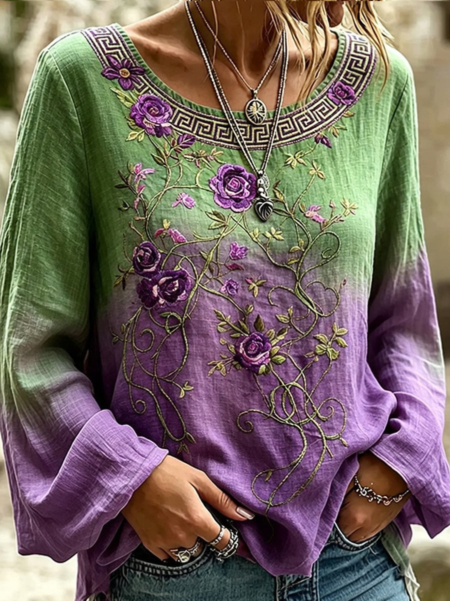 Haut décontracté en coton-lin pour femme, imprimé floral vintage