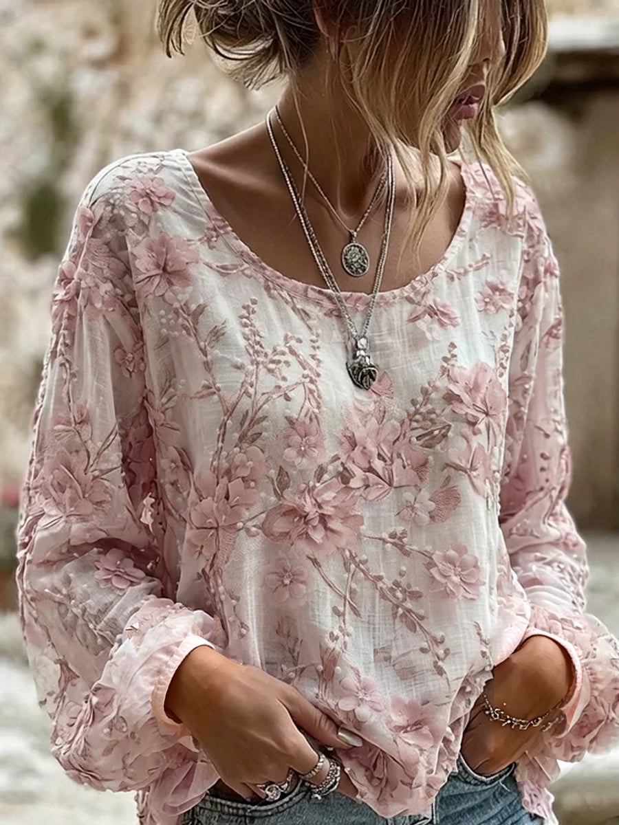 Haut décontracté en coton-lin pour femme, imprimé floral vintage