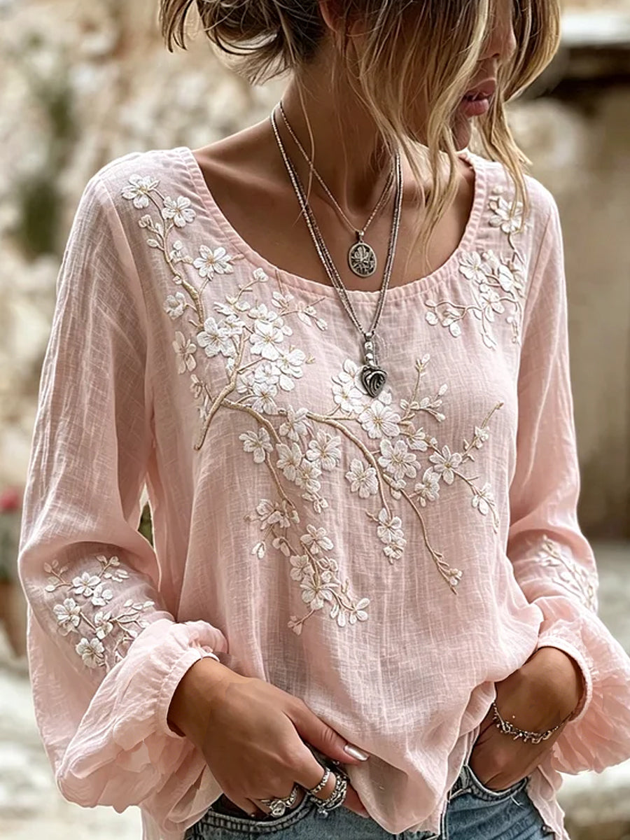 Haut décontracté en coton-lin pour femme, imprimé floral vintage