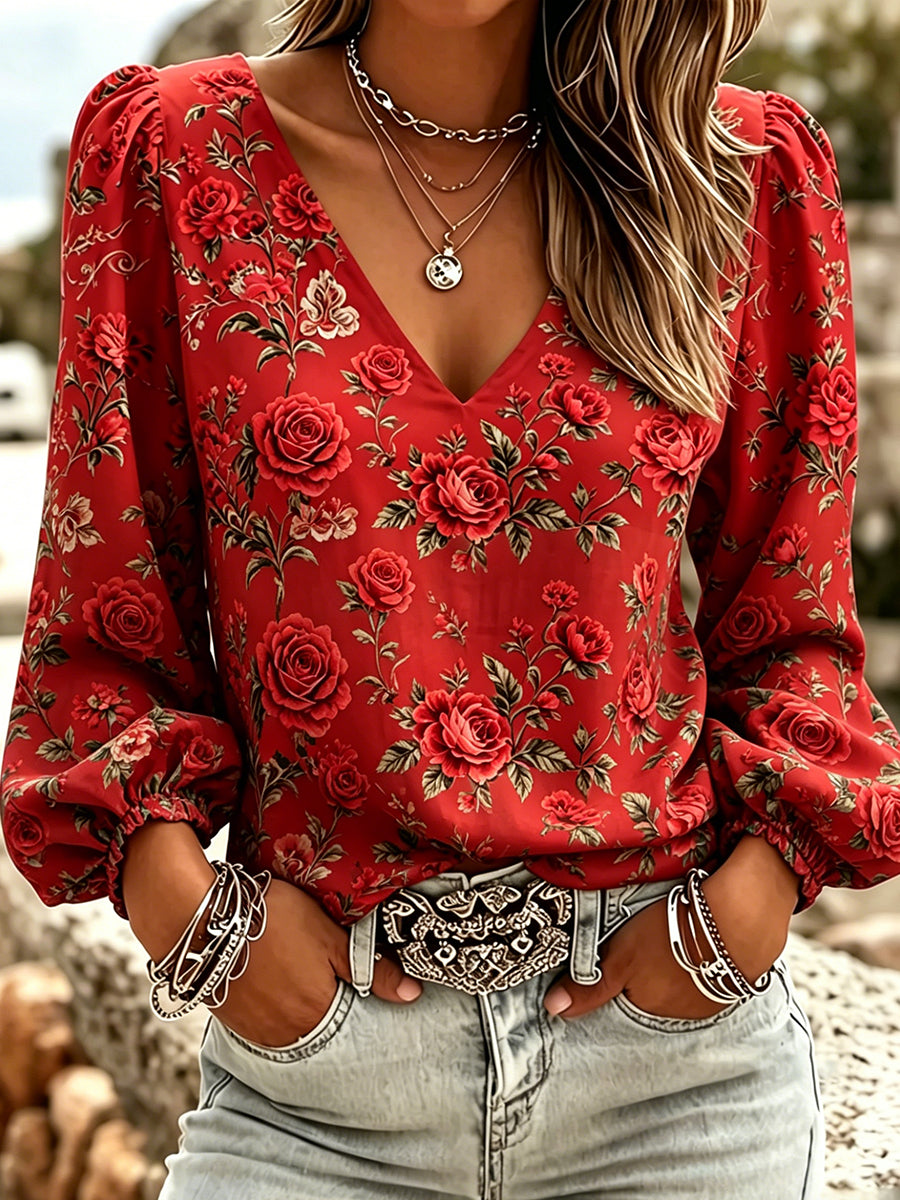 Top femme rétro à imprimé floral, décontracté, col en V, confortable en coton-lin