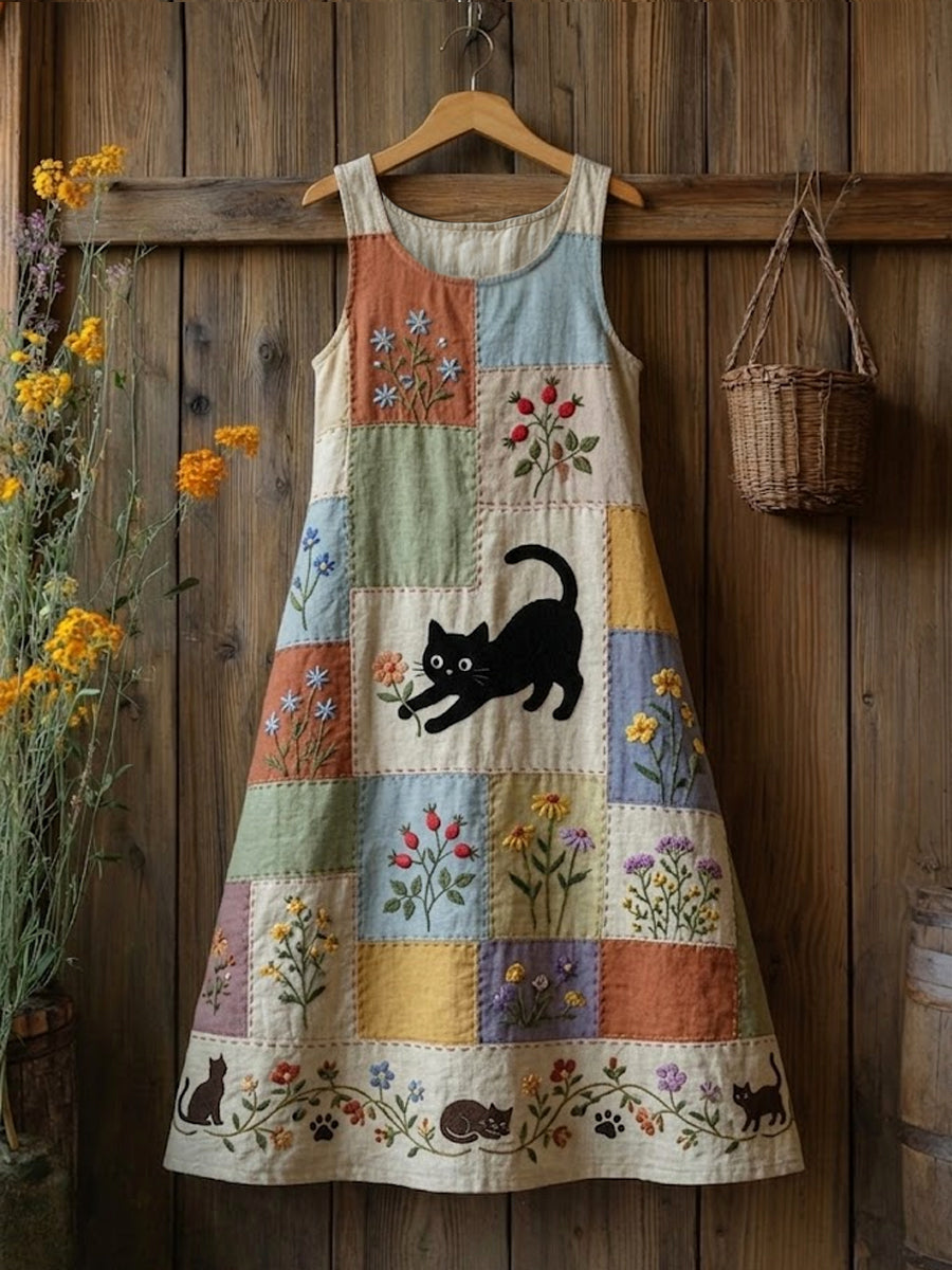 Robe mi-longue décontractée sans manches pour femme, style rétro, imprimé fleurs et chats