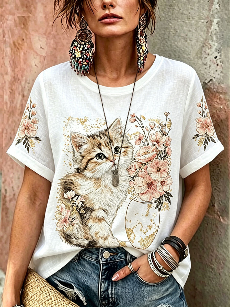 Chemise décontractée en lin à manches courtes pour femmes, mignonne, avec chat et motifs floraux